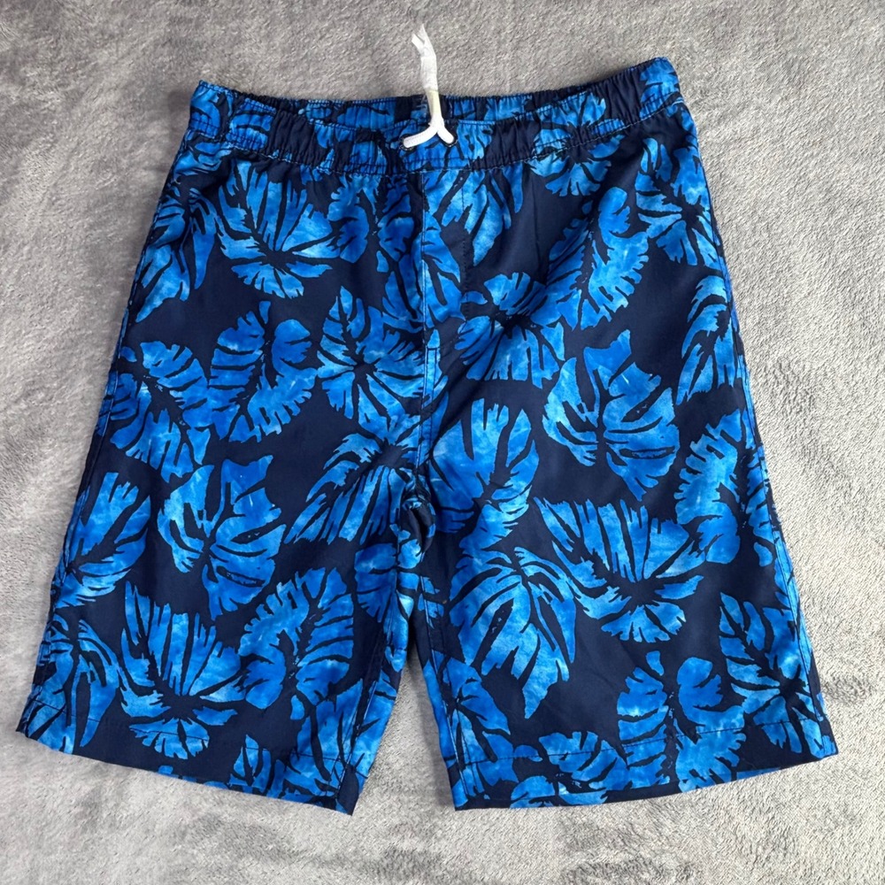 Lands End Swim Trunks Boys L 14-16 Blue Tropical Leaf Print Mesh Lined Shorts